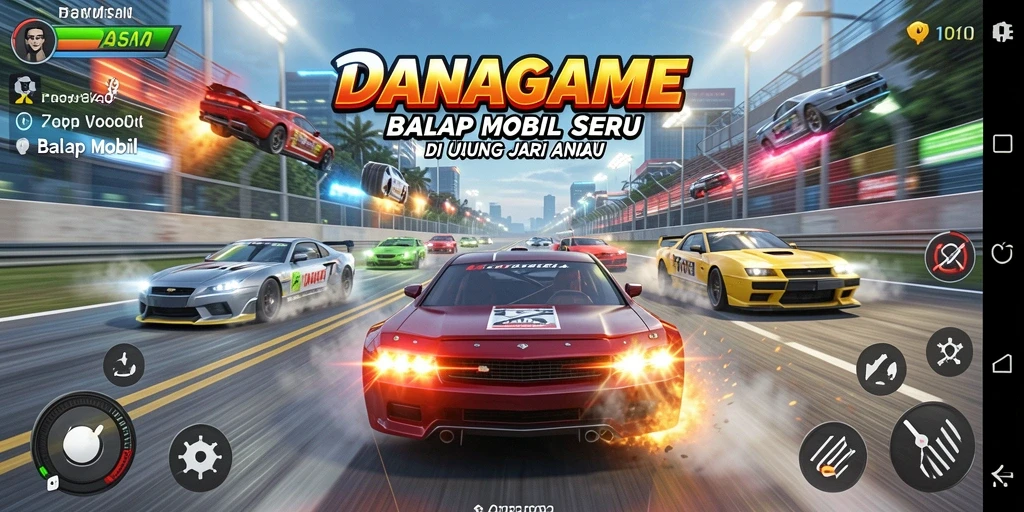 Tampilan dinamis DANAGAME saat balapan mobil di trek.