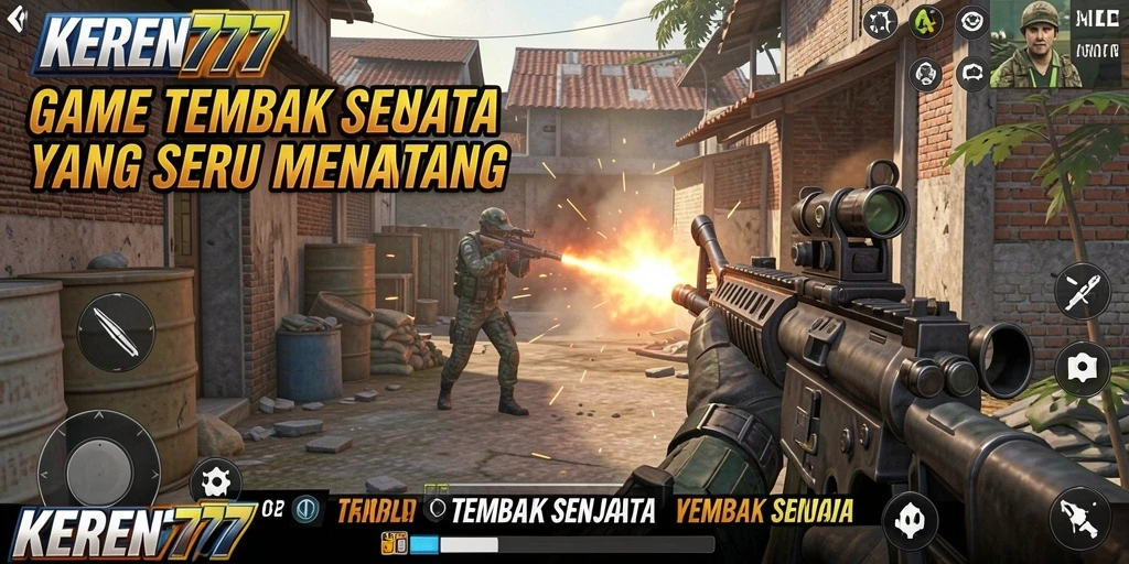 Antarmuka KEREN777 menampilkan aksi tembak-menembak yang intens.